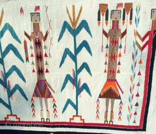 Antique Navajo Yei, Shiprock area, Mid-century, excellent condition, wonderful iconography including rainbow goddess, bows and arrows, etc.  36" by 62".  Please ask for additional photos.      