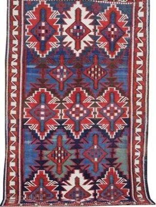 Antique Caucasian Kuba kilim, last quarter of the 19th century, very fine weave, all dyes appear natural, beautiful array of blue including a lovely blue-green, one small early reweave (last photo), 6'by  ...