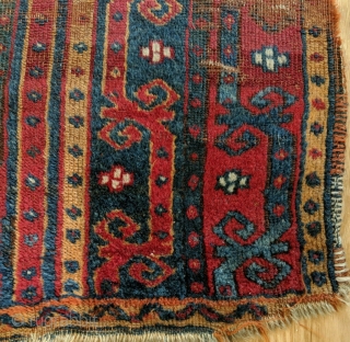 Antique Central Anatolian (Kirsehir area) yastik, with a field composed of three vertical bands with meander vine motifs.  Last quarter of the nineteenth century or before.  All dyes natural.   ...