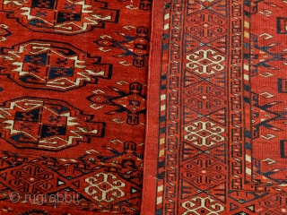 Antique Kizil Ayak chuval, Ersari sub-group, Middle Amu Darya area, with characteristic saturated brick red ground, chemcheh minor guls, in lovely condition, complete skirt and sides. All dyes appear natural, which makes  ...