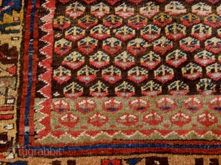 Antique Persian Kurdish rug (Western mountains), first quarter of the twentieth century, all natural dyes, roughly 4' by 7'.  Meaty, beautiful wool, interesting abrash, very tribal feel,  selvedges recast, some  ...