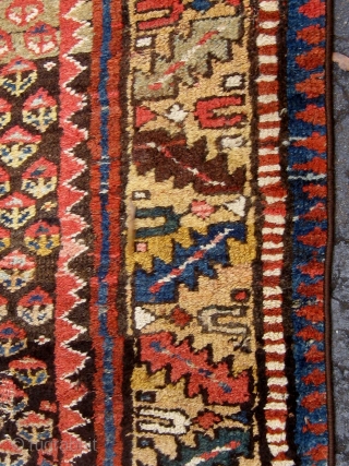 Antique Persian Kurdish rug (Western mountains), first quarter of the twentieth century, all natural dyes, roughly 4' by 7'.  Meaty, beautiful wool, interesting abrash, very tribal feel,  selvedges recast, some  ...