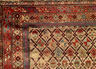 Antique Shirvan Marasali pile carpet, 19th century, unusual square format (53" BY 46"), all natural dyes, some areas of wear which could be easily re-piled.  Please ask for additional photos.  