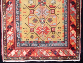 Antique South Caucasian small rug (Kuba?), extremely fine weave, velvety feel, all natural dyes, cotton foundation (warps and wefts), beautiful olive green field, in lovely condition, and basically complete with three cord  ...
