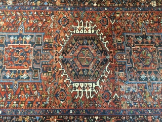 Old Karajah rug from 1940s in good condition with one area of localized wear. Silky wool (not dry like later pieces). Ends attrition. 6'4"x4'5". Washed. Fine weave. No holes or repairs.  