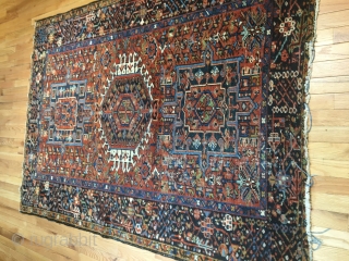 Old Karajah rug from 1940s in good condition with one area of localized wear. Silky wool (not dry like later pieces). Ends attrition. 6'4"x4'5". Washed. Fine weave. No holes or repairs.  