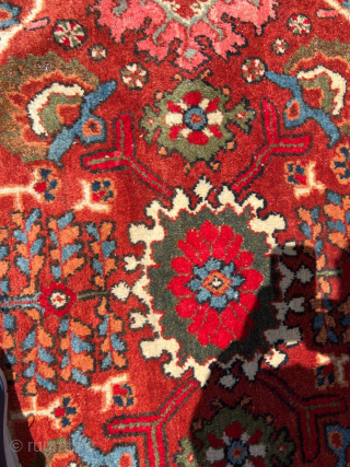 Decorative Mahal carpet from 1930s-1940s with nice saturated colors (green, blue, yellow,etc) in 13.5’x10.5’ size. It has few spots of moth damage along two edges as shown in the photos. The pile  ...