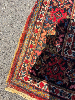 Decorative Mahal carpet from 1930s-1940s with nice saturated colors (green, blue, yellow,etc) in 13.5’x10.5’ size. It has few spots of moth damage along two edges as shown in the photos. The pile  ...