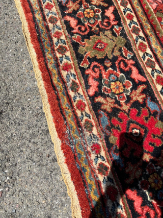 Decorative Mahal carpet from 1930s-1940s with nice saturated colors (green, blue, yellow,etc) in 13.5’x10.5’ size. It has few spots of moth damage along two edges as shown in the photos. The pile  ...