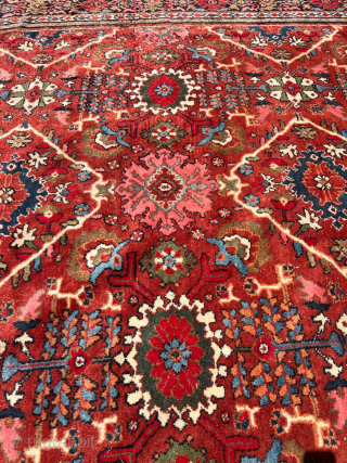 Decorative Mahal carpet from 1930s-1940s with nice saturated colors (green, blue, yellow,etc) in 13.5’x10.5’ size. It has few spots of moth damage along two edges as shown in the photos. The pile  ...