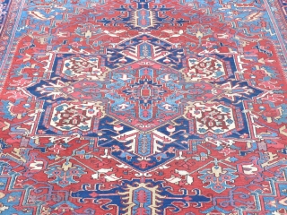 Antique Heriz Carpet, 
c.1930-40(?),
Measures 8'3" X 11'3",
Very good used condition,
A little low in areas, 
Machine done egding,
Ends a bit reduced.

Please email me for price (ddbstuff@aol.com)        