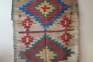 Anatolian kilim with 3 "baklava" type large medallions on a camel hair field, 145 X 340cm, mid 19th C., some areas of expertly done reweaving of damaged areas. Camel hair ground kilims  ...
