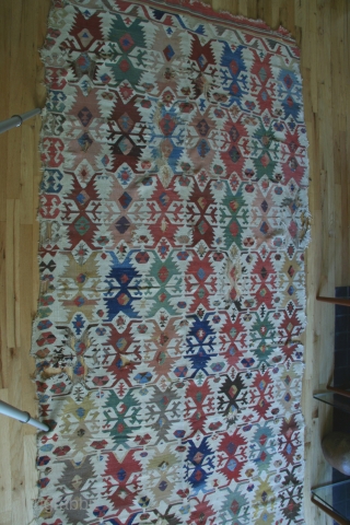 Anatolian kilim with eli-belinde motif design, 155 x 371cm, circa 1800. Some damage and loses. This kilim is unusual in several ways: 1. most eli-belinde type kilims have side borders with motifs  ...