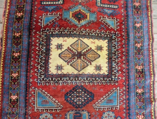 Antique Caucasian Karachov Kazak Rug -Approximately 52" by 77"
This is a turn of the century Caucasian Kazak rug from the Karachov region. It has great graphics and good colors. It features a  ...