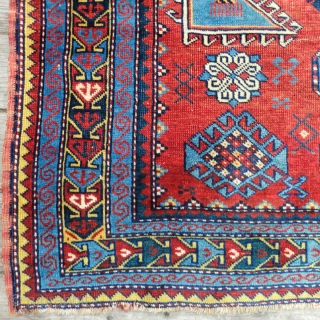 Antique Caucasian Karachov Kazak Rug -Approximately 52" by 77"
This is a turn of the century Caucasian Kazak rug from the Karachov region. It has great graphics and good colors. It features a  ...