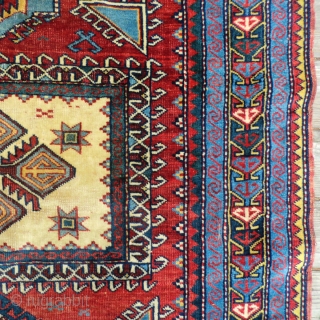 Antique Caucasian Karachov Kazak Rug -Approximately 52" by 77"
This is a turn of the century Caucasian Kazak rug from the Karachov region. It has great graphics and good colors. It features a  ...