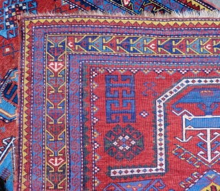 Antique Caucasian Karachov Kazak Rug -Approximately 52" by 77"
This is a turn of the century Caucasian Kazak rug from the Karachov region. It has great graphics and good colors. It features a  ...