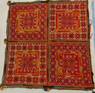 ceremonial embroidered square tapestry from jaisalmer ( rajasthan) india . from later 19th centuary.similiar work is also done rahim yar khan of sindh region of pakistan.
finest stiching . condition is not good  ...