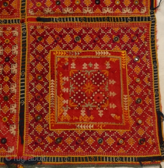 ceremonial embroidered square tapestry from jaisalmer ( rajasthan) india . from later 19th centuary.similiar work is also done rahim yar khan of sindh region of pakistan.
finest stiching . condition is not good  ...