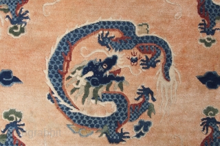 Elegant Chinese 5 dragon rug. 5-clawed dragons and wave and cloud border. Good condition, see images. Circa 1920. 215x128cm.              