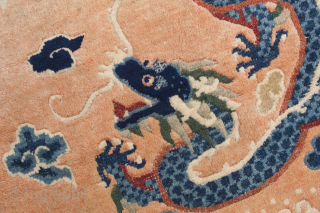 Elegant Chinese 5 dragon rug. 5-clawed dragons and wave and cloud border. Good condition, see images. Circa 1920. 215x128cm.              