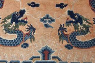 Elegant Chinese 5 dragon rug. 5-clawed dragons and wave and cloud border. Good condition, see images. Circa 1920. 215x128cm.              