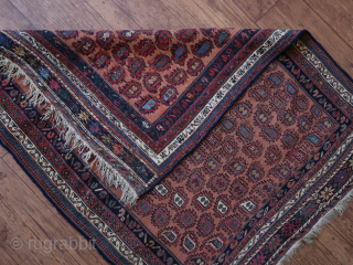 Small sumac boteh flatweave, ca ; 95 cm. x 125 cm. No holes, no stains, etc.  Afshar/Beluch/ not sure. Old/antique.            