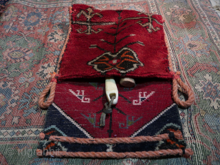 Bag, utility bird bag. ( Caucasian ? )  wool,wool,cotton,nylon (rope.)  Ca; 35 cm x 34 cm. ( Old/antique.)             