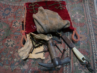 Bag, utility bird bag. ( Caucasian ? )  wool,wool,cotton,nylon (rope.)  Ca; 35 cm x 34 cm. ( Old/antique.)             