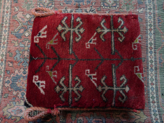 Bag, utility bird bag. ( Caucasian ? )  wool,wool,cotton,nylon (rope.)  Ca; 35 cm x 34 cm. ( Old/antique.)             