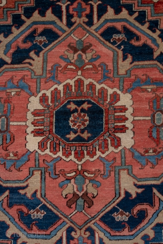 Heriz Carpet

10.9 x 14.9
3.32 x 4.54 

Of higher Serapi grade, this NW Persian village carpet displays a terra cotta red subfield centred by a palmette pendanted navy nested medallion with ivory Herati  ...