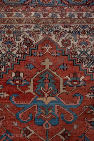 Heriz Carpet

10.9 x 14.9
3.32 x 4.54 

Of higher Serapi grade, this NW Persian village carpet displays a terra cotta red subfield centred by a palmette pendanted navy nested medallion with ivory Herati  ...