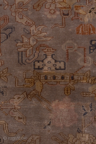 Indochinese Carpet

12.0 x 15.1
3.65 x 4.60

This rather enigmatic carpet is a study in earth-tones. It has certain Chinese design features, but the weave does not fit with anything from Ningxia, Peking or  ...