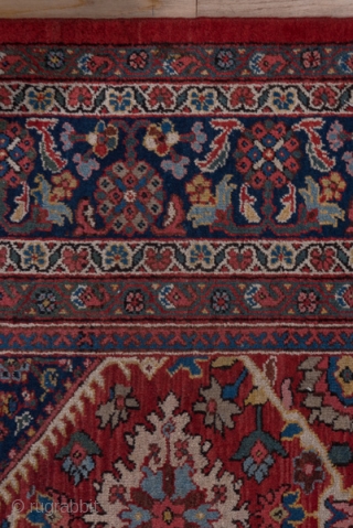 Mahal Carpet

10.4 x 14.3
3.16 x 4.35

The properly abrashed madder red field presents three columns of four large, ivory open lozenges centred by ivory ragged lozenges. Attractive polychrome leafy plants  are   ...