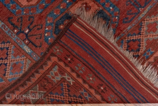 Afghan Ersari Carpet

7.7 x 8.5
2.34 x 2.59

The rich brownish red field supports three columns of octagonal guls detailed in burnt apricot, green and dark blue-green. The stepped  lozenge border is similarly  ...