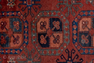 Afghan Ersari Carpet

7.7 x 8.5
2.34 x 2.59

The rich brownish red field supports three columns of octagonal guls detailed in burnt apricot, green and dark blue-green. The stepped  lozenge border is similarly  ...