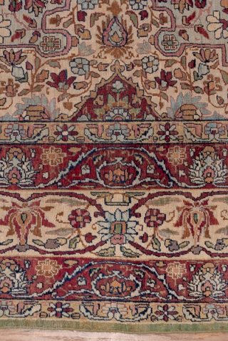 Kerman Carpet

9.0 x 12.0
2.74 x 3.65

On an old ivory field are set four eight-point red star medallions around which swirl flowering vines. The ivory main border of this SE Persian city carpet  ...