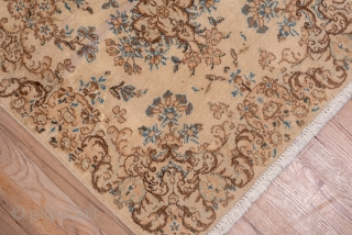 Kerman Narrow Runner

2.7 by 20.2
0.82 x 6.15

This good condition, well patinated SE Persian city runner shows a total old ivory ground with a flower spray and qua trefoil field pattern and open  ...