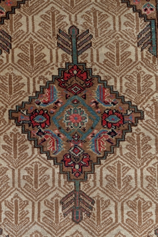 Hamadan Runner

3.3 x 14.5
1.0 x 4.41

A nut brown camel tone plain border and a vine and hexagon inner stripe frame the ivory field with a background  honeycomb lattice and flower pattern,  ...