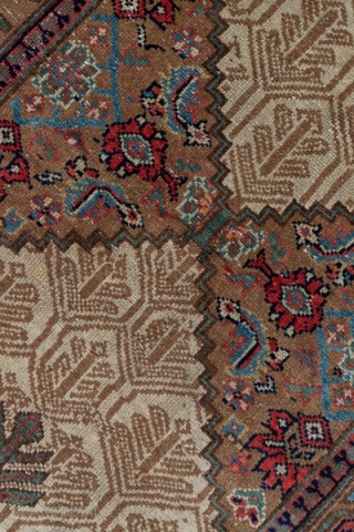 Hamadan Runner

3.3 x 14.5
1.0 x 4.41

A nut brown camel tone plain border and a vine and hexagon inner stripe frame the ivory field with a background  honeycomb lattice and flower pattern,  ...