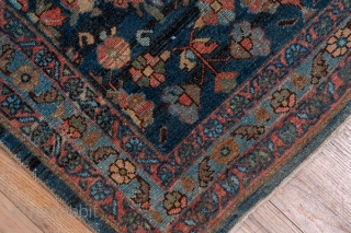 Malayer Runner

3.2 x 13.7
0.97 x 4.17

This somewhat worn west Persian village runner displays an allover  pattern of two-way flowers, fan palmettes, little botehs and floating rosettes on a medium-dark blue field.  ...