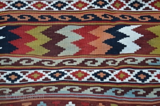 Qashqai kilim. 9'5" x 4'6". Late 19th c. Wool and cotton (white). Ivory wool warps. Saturated bright natural dyes. Ends and edges original and intact. Fine condition.      