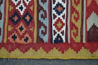 Qashqai kilim. 9'5" x 4'6". Late 19th c. Wool and cotton (white). Ivory wool warps. Saturated bright natural dyes. Ends and edges original and intact. Fine condition.      