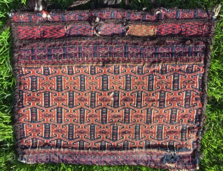 Antique Jabel Barez chanteh, 18”X14”, 19th C. Wool. Face in weft substutution weave. Serrated kilim back. A panoply of beautuful natural dyes. Goat hair wrapping. Good condition for age. Compelling tribal character.  ...