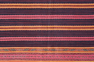 Timor ceremonial tubeskirt (tais mabuna)

Origin: Indonesia, West Timor, Biboki, 1920-1940

Technique: Handspun cotton, natural indigo and morinda dyes, commercial silk thread in synthetic dyes, warp ikat, supplementary weft wrapping (buna)

Description: A complex traditional  ...