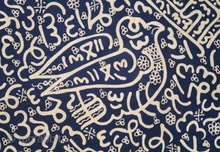 Sumatra | Calligraphic batik with birds (batik tulisan Arab burong)

Coffin cover or hanging

Sumatra, Bengkulu, c. 1940

Commercial cotton and dye, hand-drawn batik (tulis)
 
A graphic dark blue Batik Tulisan Arab hand-drawn with the  ...