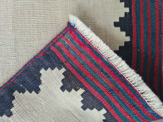 Persian Bakhtiary or Luri sofreh kilim with minimalistic nomadic pattern and naturel dyes. Two small not visible repairs in the  bright area. The edges are bordered

158x108cm 

Probably wovrn in the first  ...