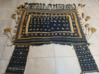 Beautiful antique nomadic Jol horse blanket of the Ghashghai people from southwest Persia. Very rare, as it was made for personal use and festive occasions. The base fabric is dyed with natural  ...