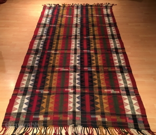 Caucasian Sofra Kilim Lovely Tassel Antique Kilim With Bold Reds, Greens, Blues and Cream Size 325 x 180 cm              