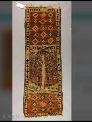 An unusual And Interesting Folk Art Sarouk Farahan wall hanging Panel depicting a story from Shahname, measuring 64" * 23"
Upper right corner damaged, with faded color on front and brighter on the  ...